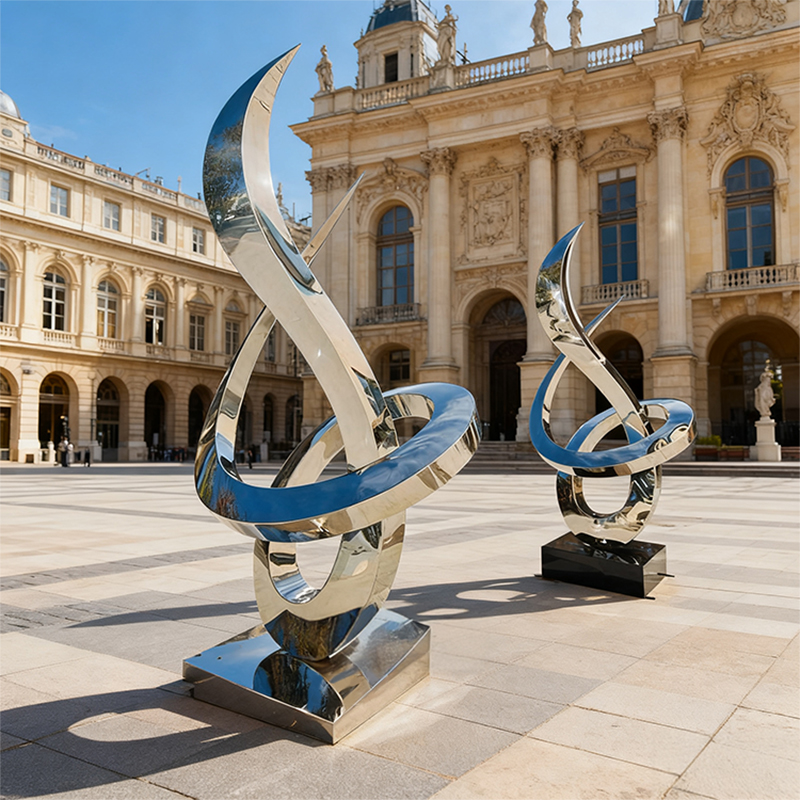 Plava i srebrna aerodinamična metalna skulptura